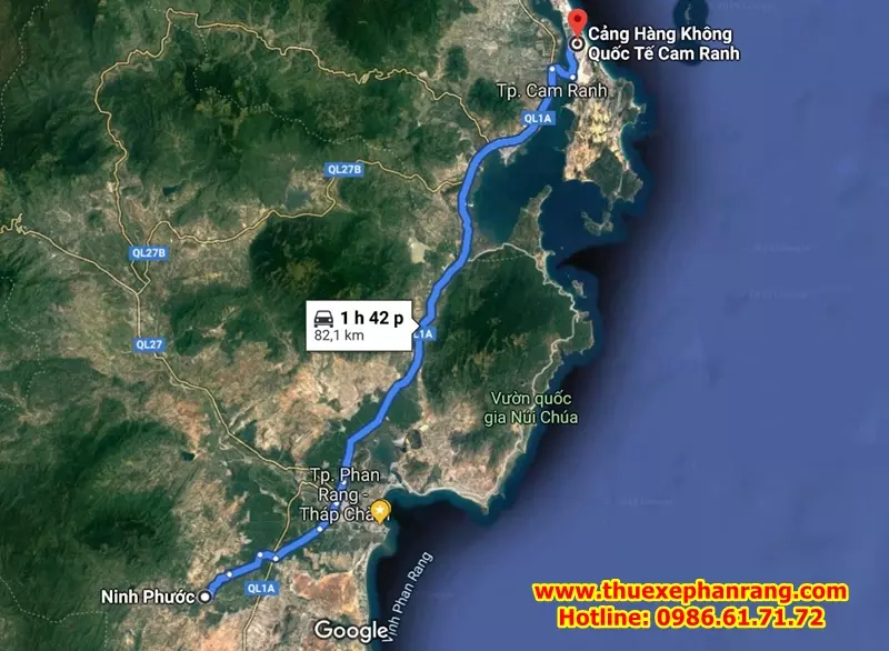 Bản đồ khoảng cách từ sân bay Canh Ranh về huyện Ninh Phước