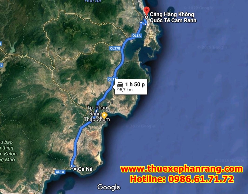 Vị trí bản đồ từ sân bay Canh Ranh về cảng Cà Ná, huyện Thuận Nam